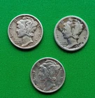 Lot Of 3 Silver Mercury Dimes. 1945, 1919 And 1942.