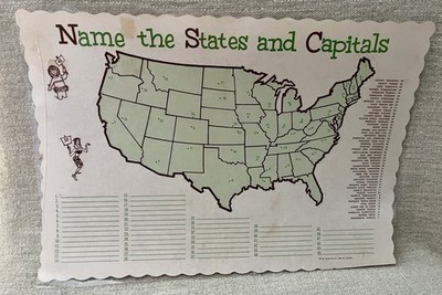 Vtg Name The States And Capitals Laminate Placemat Homeschool PROP Fort Howard