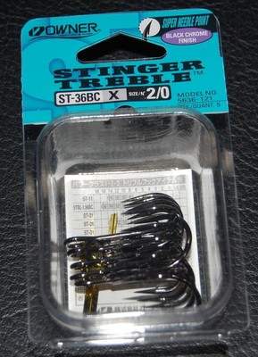 5 Pack OWNER BLACK CHROME STINGER Treble Hooks 5636-121 Size 2/0 Super Needle