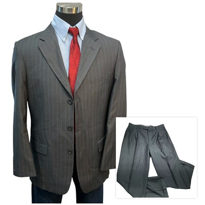 40R Caravelli 2 Pc Suit Gray Pinstripe Super 150s Pants 34x29.5 Suit Jacket Coat