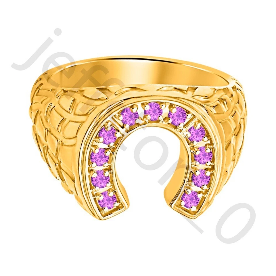 Мужское кольцо-подкова с покрытием из желтого золота 14 карат с созданным в лаборатории аметистом 0,50 карата - Изображение 2 из 4