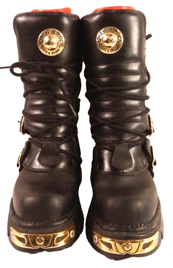 New Rock Reactor Platform Black Leather Goldtone Hardware Combat Boots Size 40 - Image 2 of 4