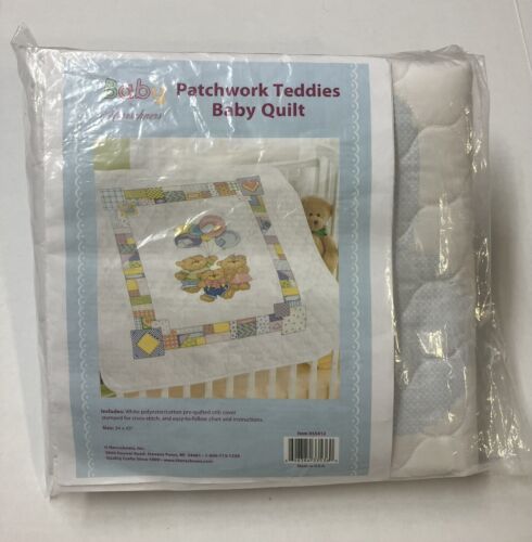 Herrschners Patchwork Teddies Stamped Cross Stitch Baby Quilt Teddy Bear Quilted - Picture 8 of 12