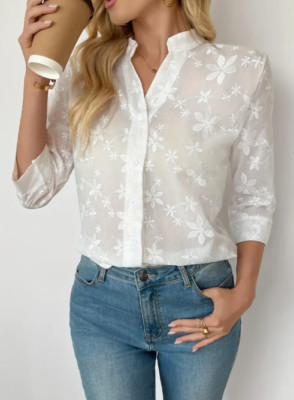 Damens Elegante Bluse mit Blumenstickerei und V-Ausschnitt mit 3/4-Ärmeln,Sommer