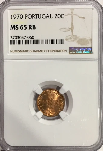 1970 MS65 RB Portugal 20 Centavos UNC NGC KM# 595 