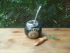   Argentina Mate Gourd Hand Made + Bombilla Straw + Uruguay Engraved Sun + Spoon