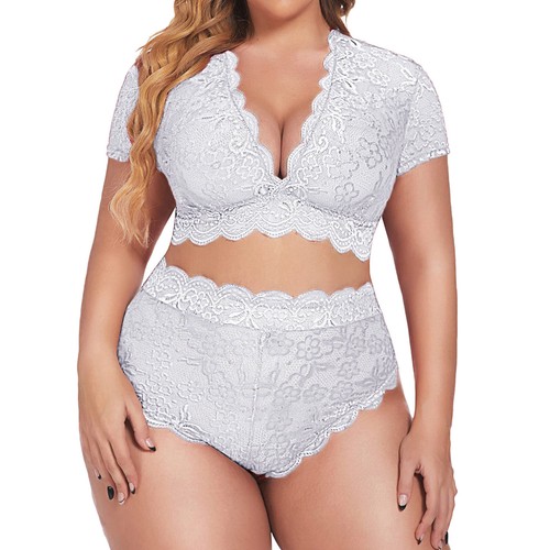 Lencería sexy talla grande cuello en V cintura alta floral encaje cruzado y pantillas - Imagen 9 de 42