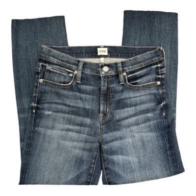 Edwin Jeans Womens Size 26 Straight Leg Raw Leg Hems Jeans Deja Blue Mid Rise