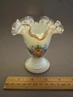 SMALL WHITE SILVER CREST HAND PAINTED FLOWER SWAG RUGGLED EDGE VASE VINTAGE