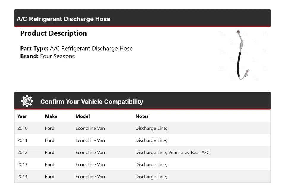 Manguera de descarga de refrigerante aire acondicionado furgoneta Ford Econoline 2010-2014 4 estaciones 2011 Foto 2 de 4