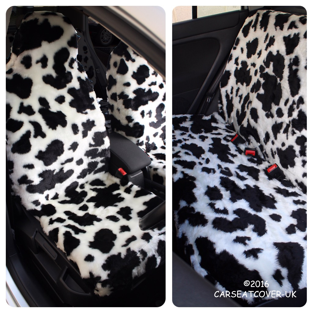 COW PRINT LUXURY FAUX FUR FURRY CAR SEAT COVERS FULL SET UNIVERSAL