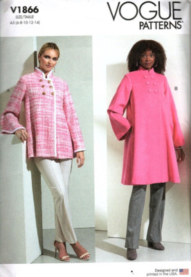 Vogue V1866 Lined Mandarin Style Coat Misses 6 to 14  UNCUT Sewing Pattern