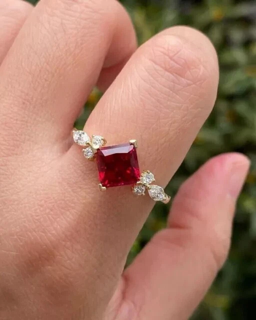 3Ct Princess Cut Simulated Red Ruby Wedding Trio Ring Set 14K Yellow Gold Plated - Image 2 of 4