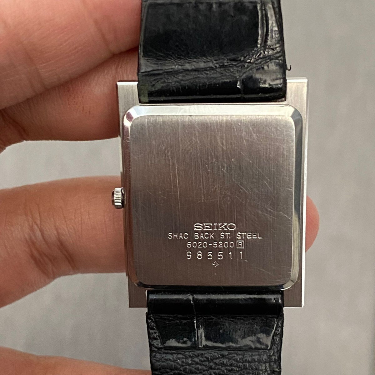 Rare Seiko Tank Quartz 6020-5200 Black Dial Square Leather