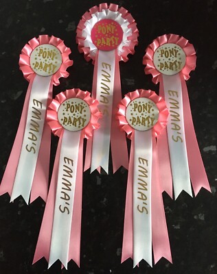 Personalisierte Pony Party Rosetten, Farbwahl in Top Qualität Satin 5,10,20