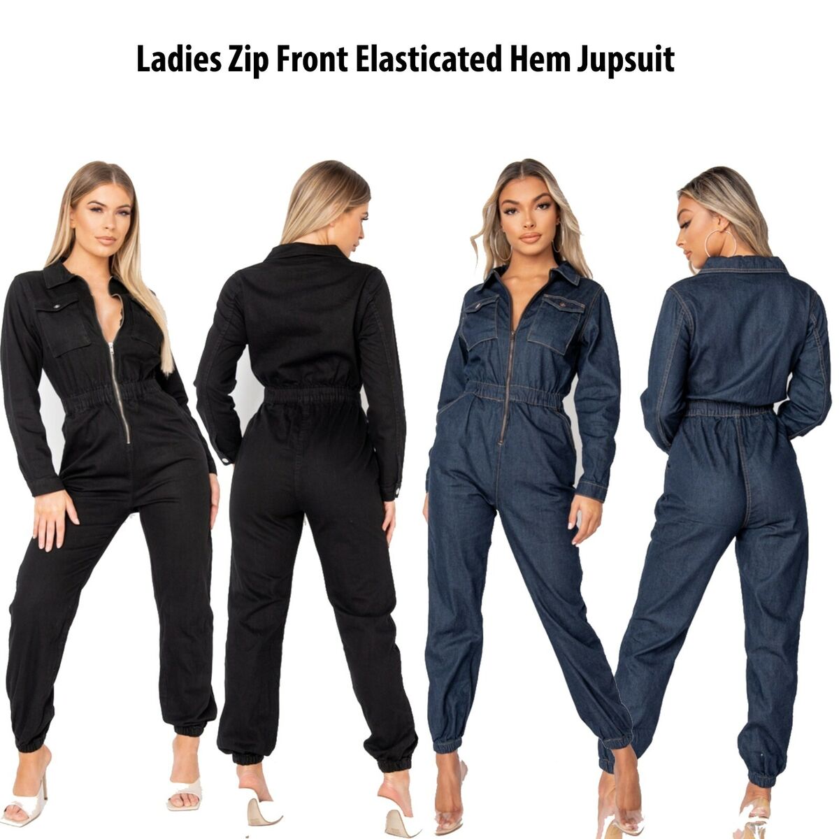 Long denim jumpsuit with long sleeves and zipper - Women