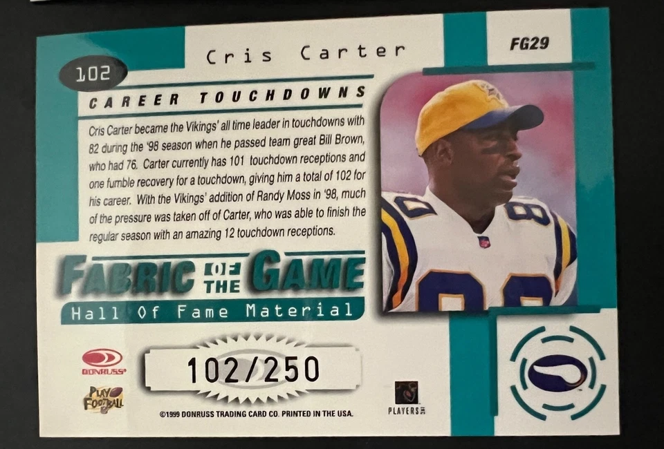 1999 Leaf Certified Fabric of Game #FG29 Cris Carter #'d 102/250 Vikings - Image 2 of 2