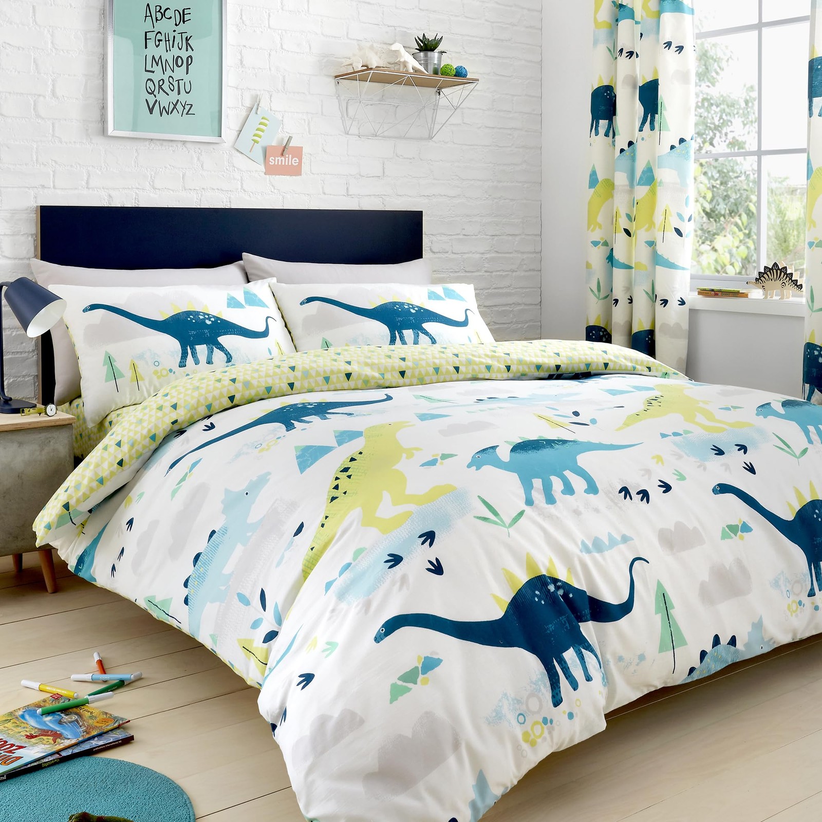 Housse de couette dinosaure phosphorescente 200x200 cm qui brille dans le noir pour lit enfant