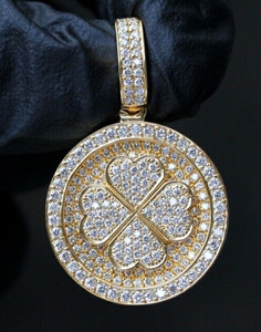 Authentic Real Lab Grown Diamond Men's Clover Flower Pendant Yellow Gold Plated Silver
