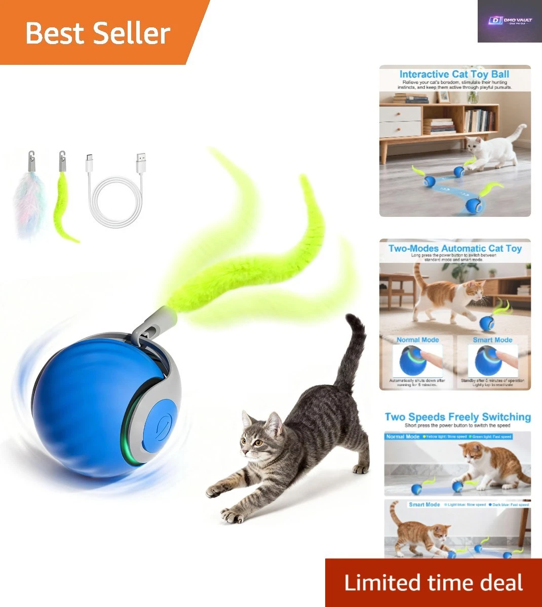 Interactive Rechargeable Cat Toy Ball with Detachable Tail - 2 Speeds for Play