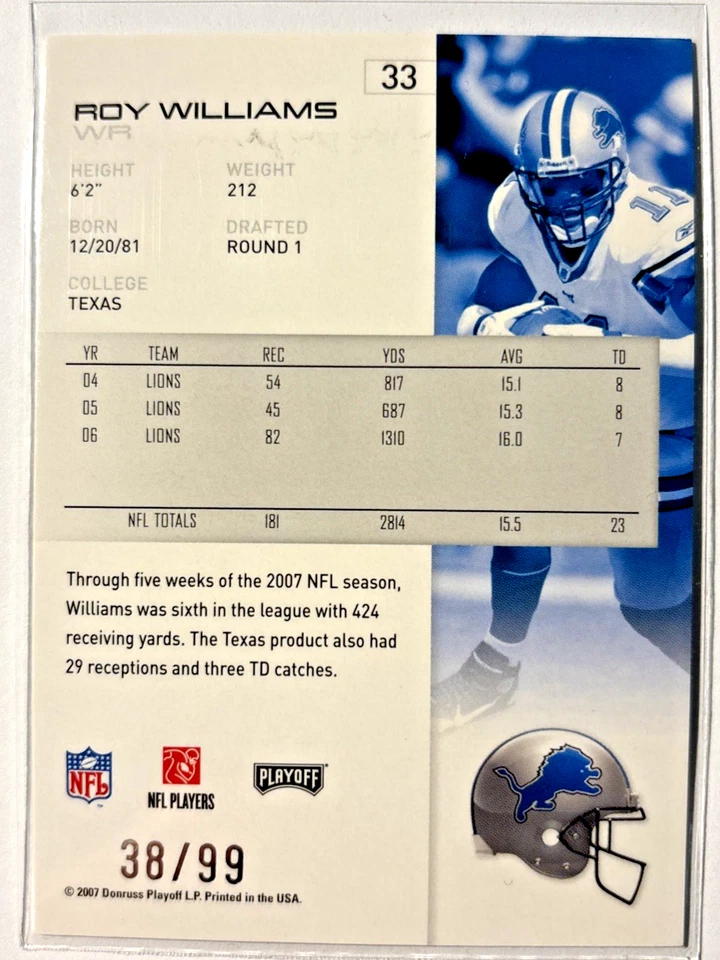 2007 Playoff NFL Playoffs Silver Holofoil /99 Roy Williams #33 - Image 2 of 2