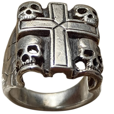 #ad Vintage Unusual Sterling Silver Four Skulls Cross Detailed Ringsz9 $245.00