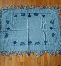Vintage Blue Woven Throw Blanket Cottage Houses Trees Hearts Fringe Farmhouse