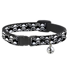Cat Collar Breakaway with Bell Skull  Cross Bones Staggered Black/White NARROW