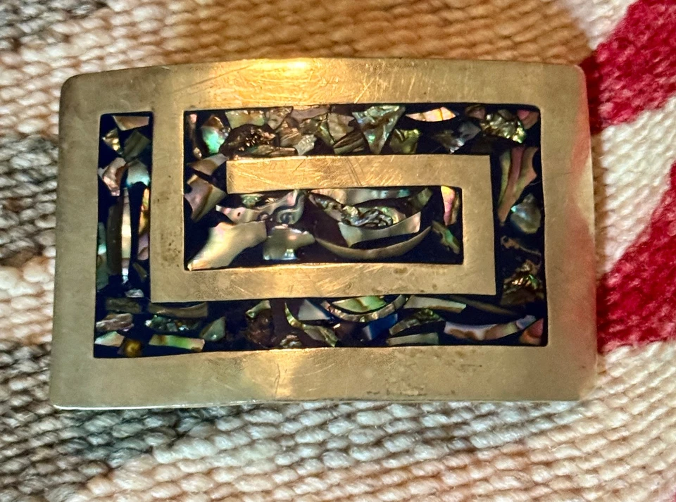 Hebilla de cinturón de abulón vintage de plata .500 de México, 2"x3", apertura 1,75" Foto 2 de 4