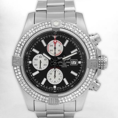Breitling Super Avenger II 48 Auto A13371 Custom Dia Bezel Black Dial Chrono B&P
