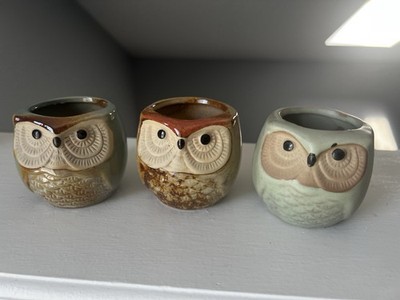 Owl Succulent Pots Flower Planters Lot Of 3 Ceramic Mini Green/Beige/Cream Decor