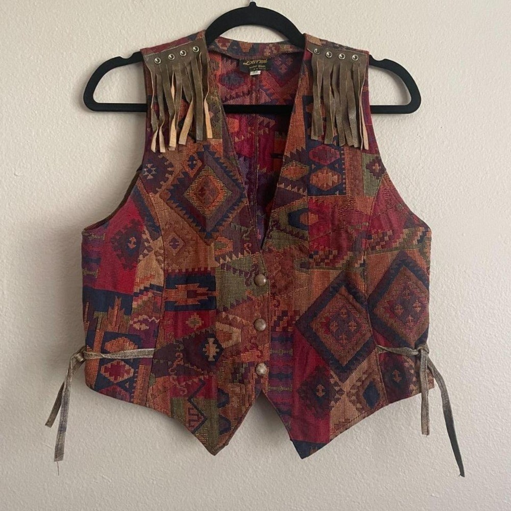 VTG Southwestern Western Country Tapestry Vest Festival Fringe Cowboy Leather M