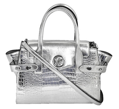 MICHAEL KORS Carmen Medium Belted Flap Satchel Silver Croco Leather 35H3SNMS8M