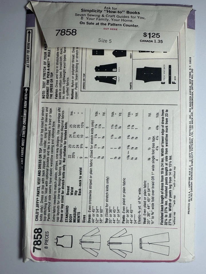 VTG Simplicity 7858 Children’s Jiffy Pants,Vest, Dress Or Top Stretch Child SZ 5 - Image 3 of 4
