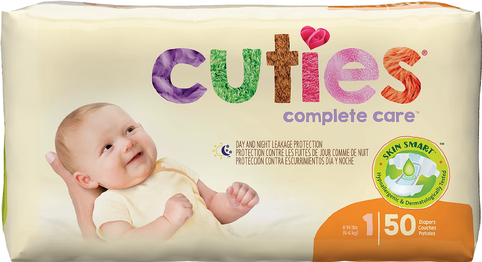 Cuties Complete Care Baby Diapers, Size 1, Bag of 50