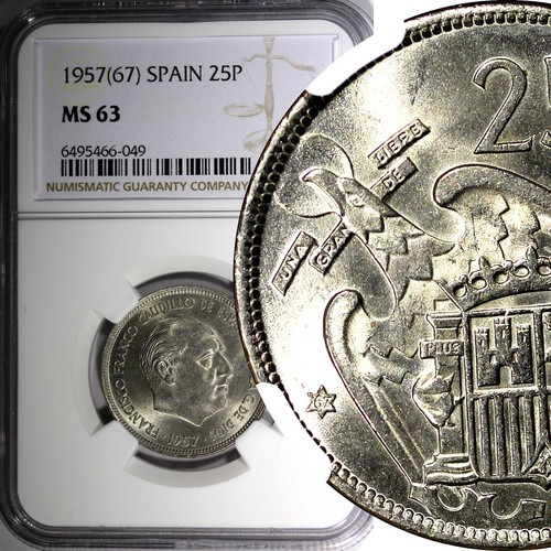 SPAIN Francisco Franco 1957(67) 5 Pesetas NGC MS63 BETTER DATE KM#786 (49) - 第 1/5 張圖片
