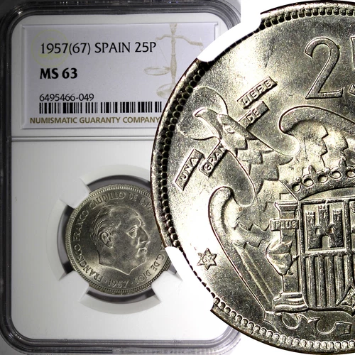 SPAIN Francisco Franco 1957(67) 5 Pesetas NGC MS63 BETTER DATE  KM#786 (49)