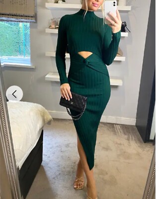 Weiches geripptes Midi-Strickkleid vorne oder hinten Cut-Out-Design in Schwarz Gre