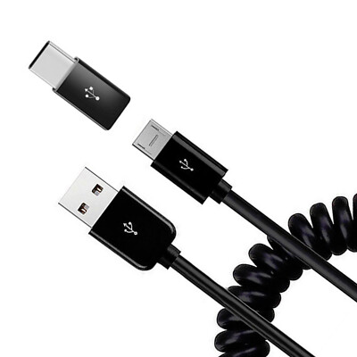 Coiled USB Cable Charger Cord Micro-USB to USB-C Adapter Power for Cell Phones