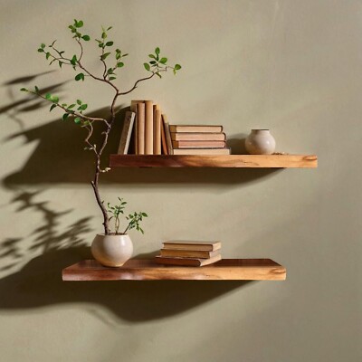 Rustic Acacia Natural Edge Floating Shelf with Brackets