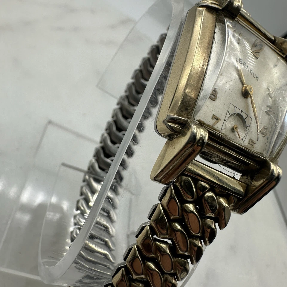 Reloj Tanque Vintage Funcionando Art Deco Benrus 17 Joyas Placa Oro Laminado 10k 25mm Foto 3 de 4
