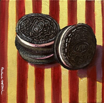 Original Acryl Gemälde 20x20cm 3D Leinwand  Cookie Stripes  mit Blattgold