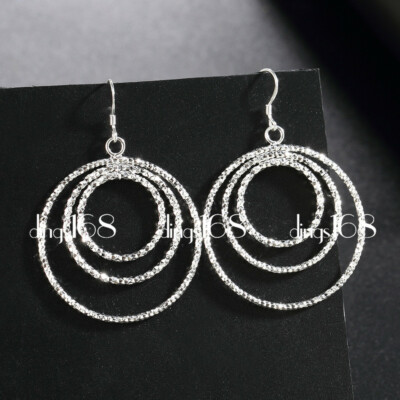 Designer Inspired 925 Sterling Silver 1.6'' Diamond-Cut 3-Hoop Dangle Earring H4Q