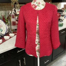 Chico's Red Holiday Textured Open Front Jacket Blazer 3/4 Sleeve Size Small 4