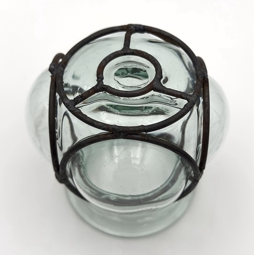 Vintage Light Green Hand Blown Glass Mexican Candle Holder / Vase Metal Frame - Picture 6 of 9
