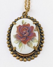 1950s Vintage Cameo Style Burgundy Rose Porcelain Gold Tone Pendant Necklace