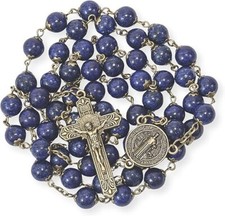 Natural Lapis Lazuli Stone Rosary Beads Necklace St. Benedict Cross and Medal