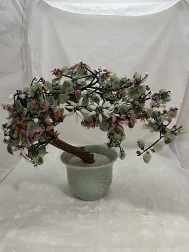 Vintage Large Chinese 1950 Jade Quartz Stone Glass Flower Bonsai Tree