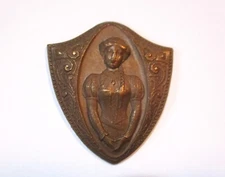 Vintage Art Nouveau Renaissance Style French Girl Brass Shield Stamping, 34x30mm