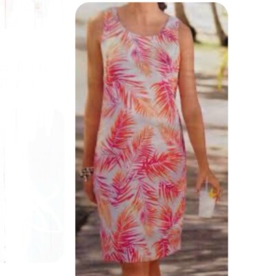 J Jill Love Linen Pink Orange Tropical Palm Leaf Sleeveless Shift Dress Size 8